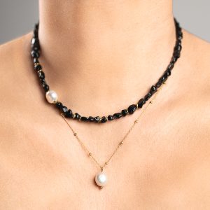 Choker Tarcza Bogini z Obsydianu i z Perłą