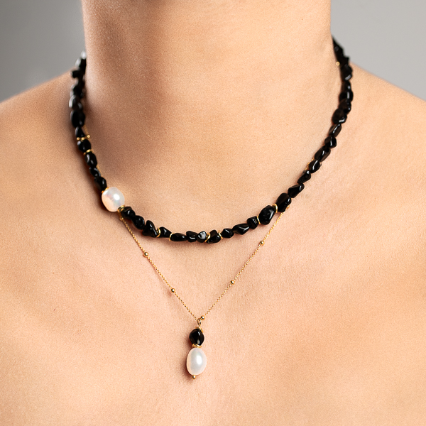 Choker Tarcza Bogini z Obsydianu i z Perłą - obrazek 3